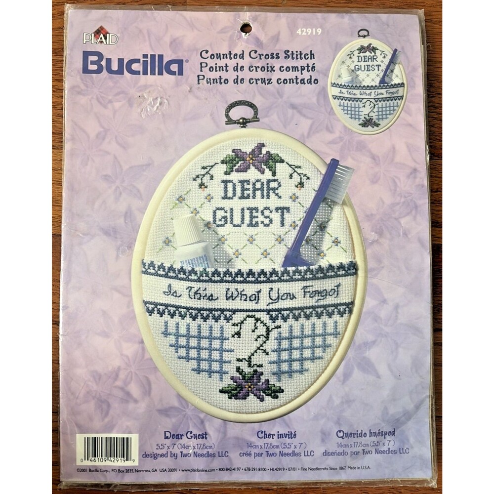 Bucilla 2001 Counted Cross Stitch Kit 42919 Dear Guest Sign Forgot Toothbrush